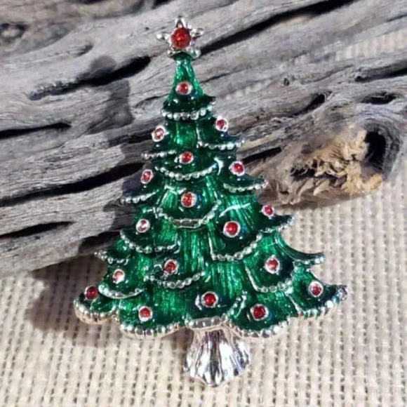 Y2K 90s Red Green Silver Enamel Christmas Holiday Tree Brooch Sweater Pin - Picture 1 of 6
